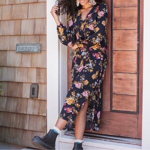 Natural Life Navy Floral Midi Dress Large Boho Side Slit Rayon NWT